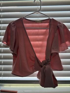 Altar'd State Rose Pink Tie-Front Flutter Sleeve Blouse